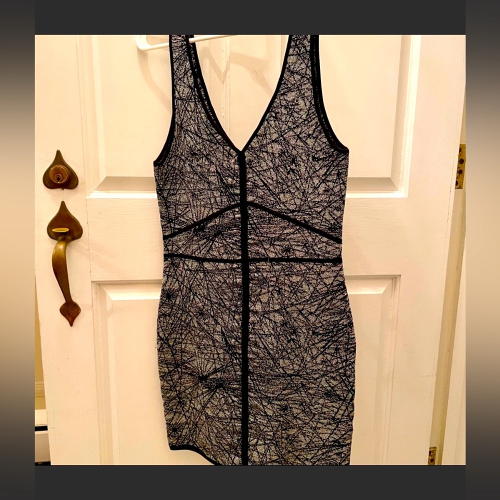 Zac Posen deep V neck, form fitting black and silver cocktail dress
